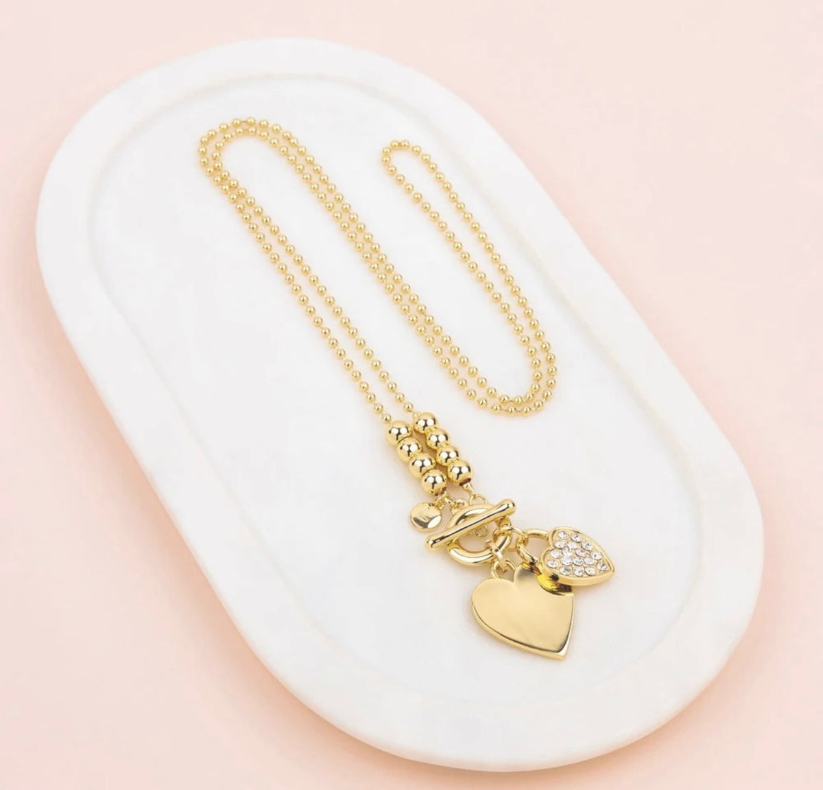 Double Heart & Bling Long Necklace | Yellow Gold | LillyCo