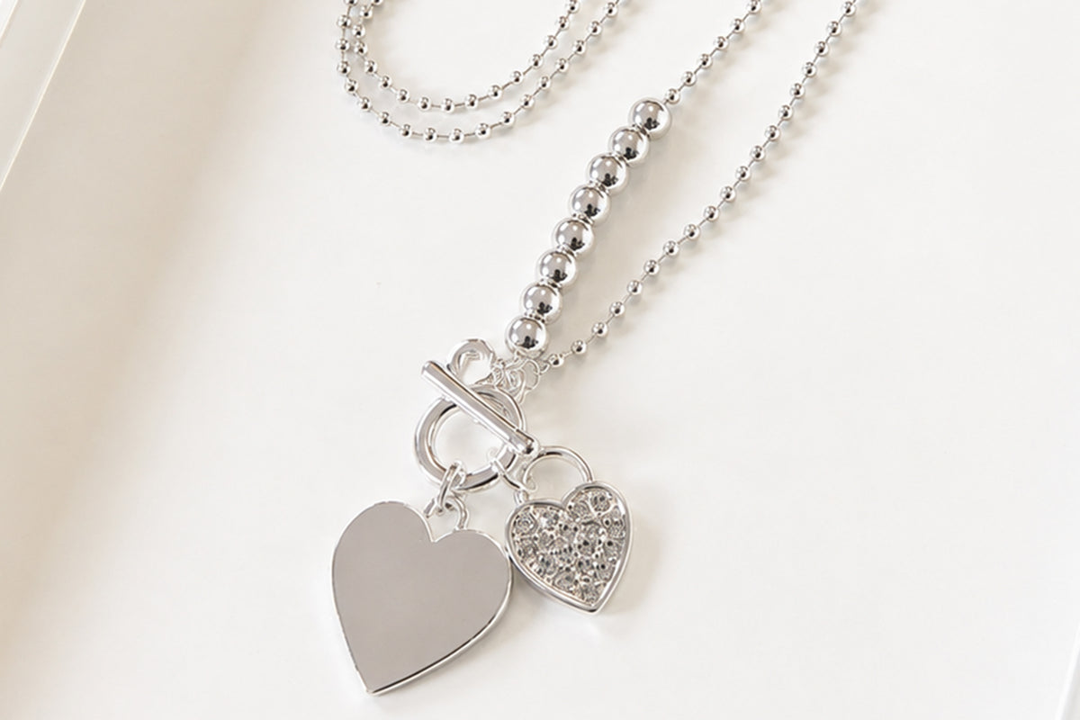 Double Heart & Bling Necklace | Silver | Long