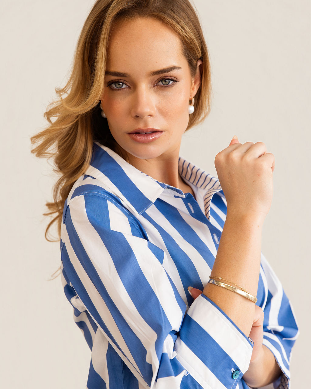 3/4 Sleeve classic shirt | Blue Block Stripe | Kaleido