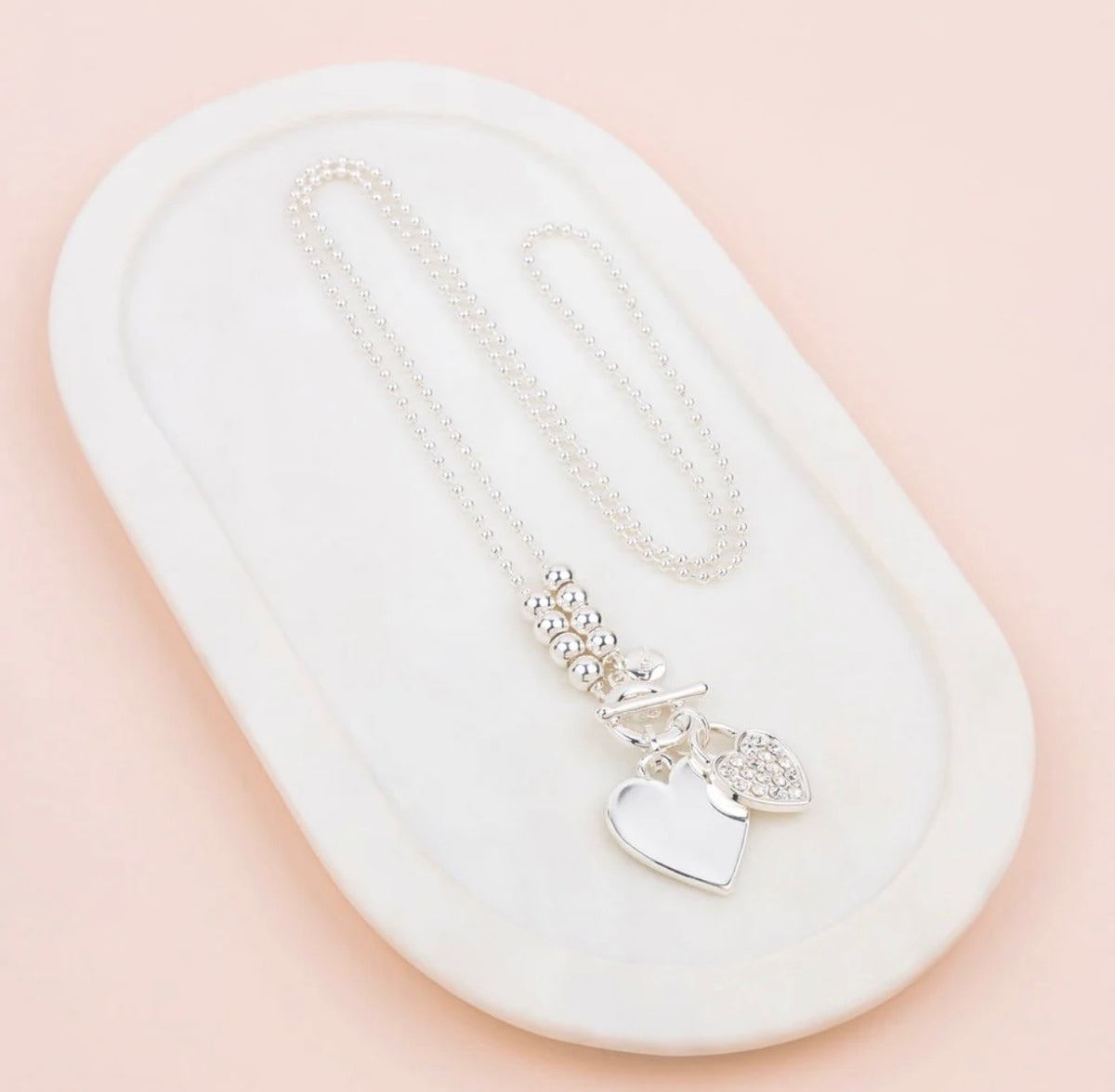 Double Heart & Bling Necklace | Silver | Long