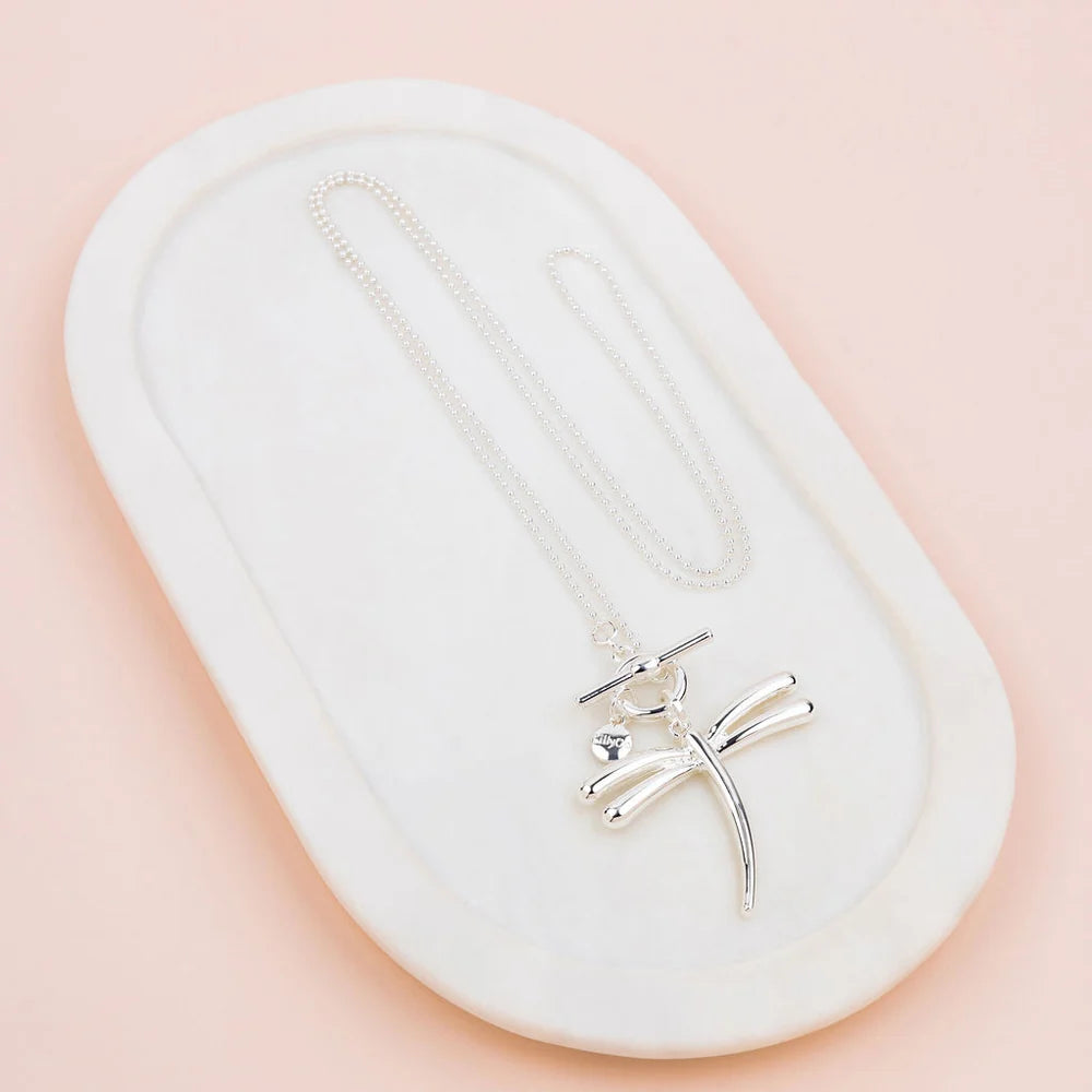 Silver Dragonfly Pendant Long Necklace | LillyCo