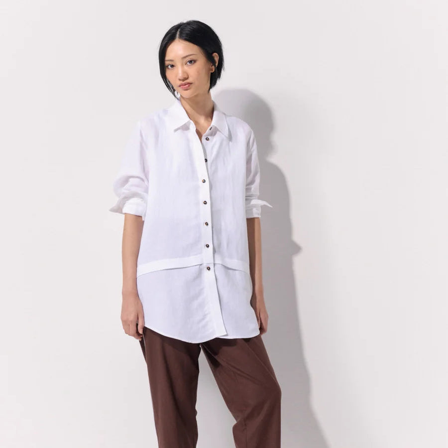 Tuck Detail Linen Over-shirt | White | Marco Polo