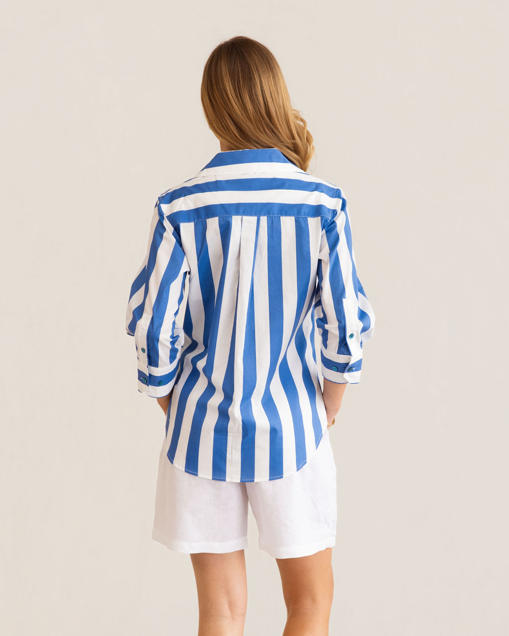 3/4 Sleeve classic shirt | Blue Block Stripe | Kaleido