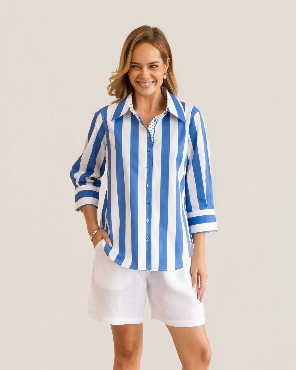 3/4 Sleeve classic shirt | Blue Block Stripe | Kaleido