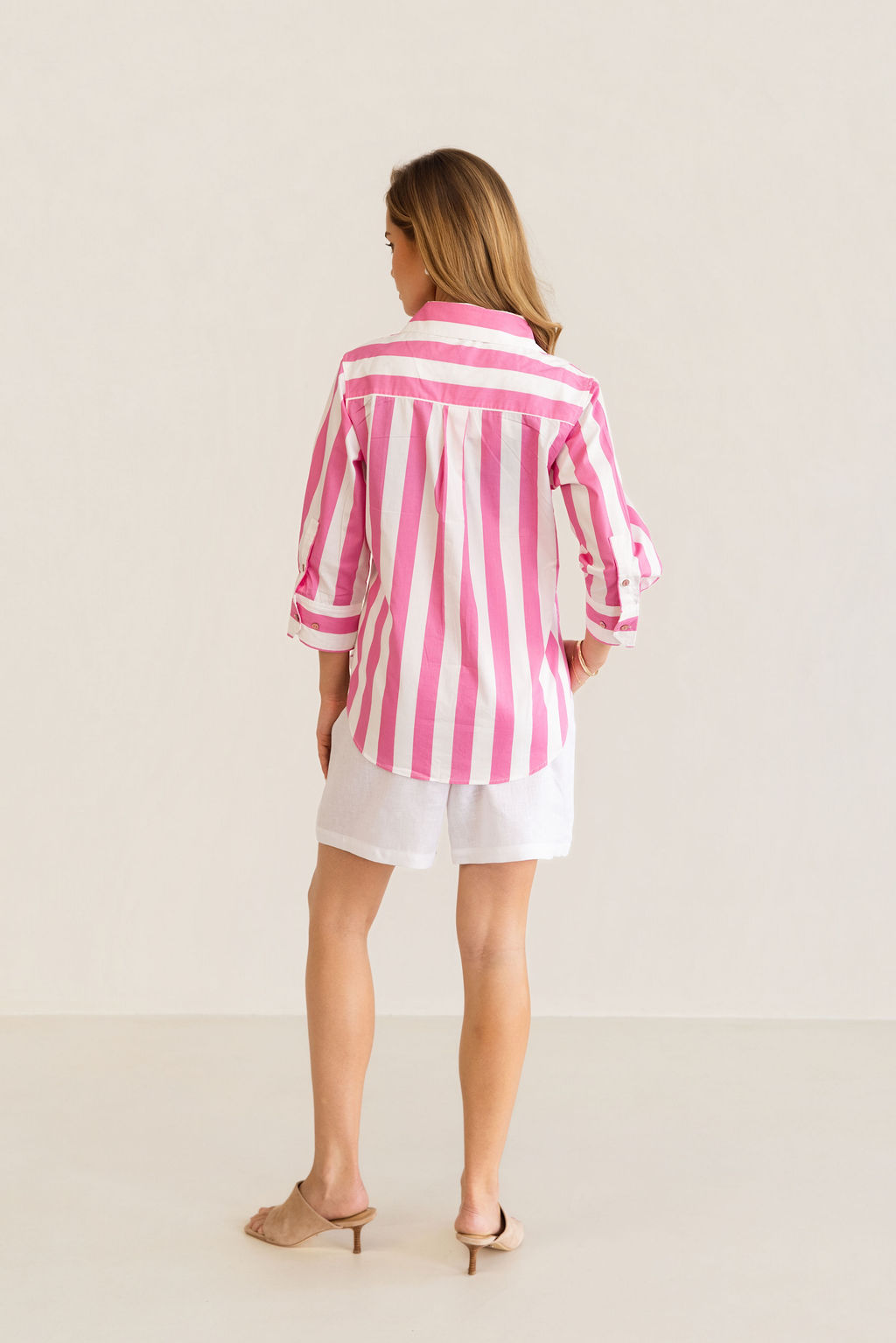 3/4 Sleeve Classic Shirt |Pink Block Stripe | Kaleido